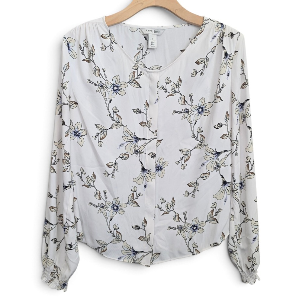 White House Black Market Blouse Womens Medium White Floral Smocked Cuff Top M